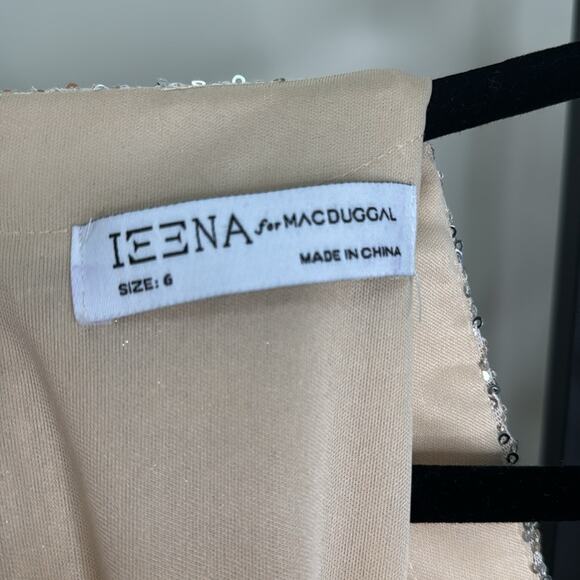 NWT IEENA for MAC DUGGAL Nude Silver Sequin Knotted Long Sleeve Midi Dress Women - Picture 3 of 11